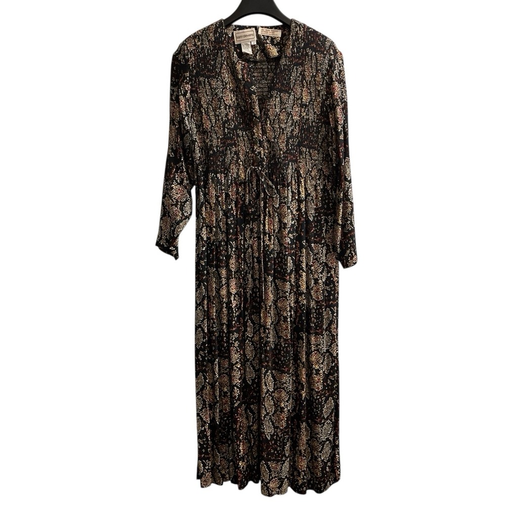 Vintage Karin Stevens Dress Black Floral Maxi Smocked Size 12 Dark Cottage Core